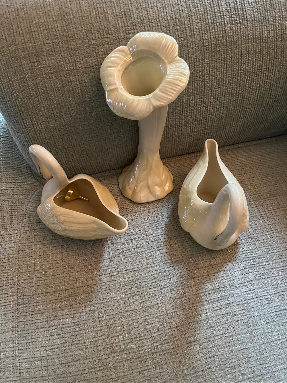 Belleek Vintage Ivory Ceramic Swan Bud Vases and Tall Floral Vase